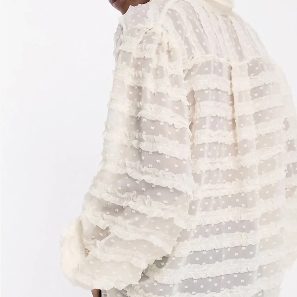 ASOS Sister Jane Blouse Ruffled Ballon Long Sleeve Ivory Button Top Shirt M